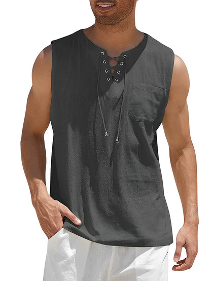 Homme Tank Top sans Manches avec Col V et Lacets