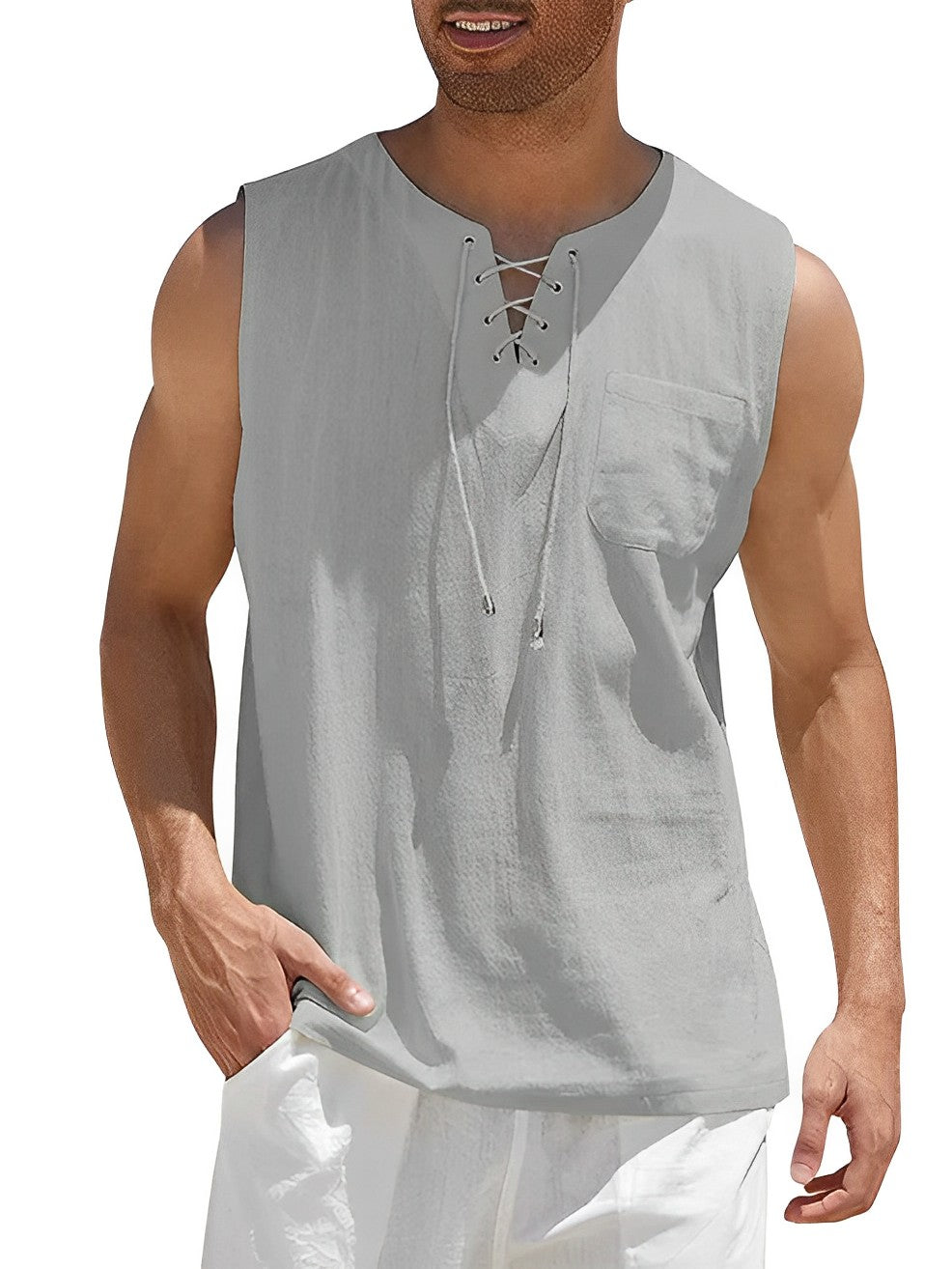 Homme Tank Top sans Manches avec Col V et Lacets