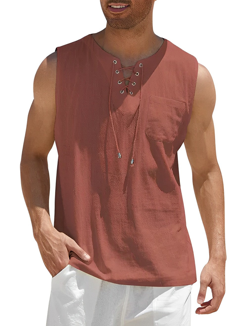 Homme Tank Top sans Manches avec Col V et Lacets