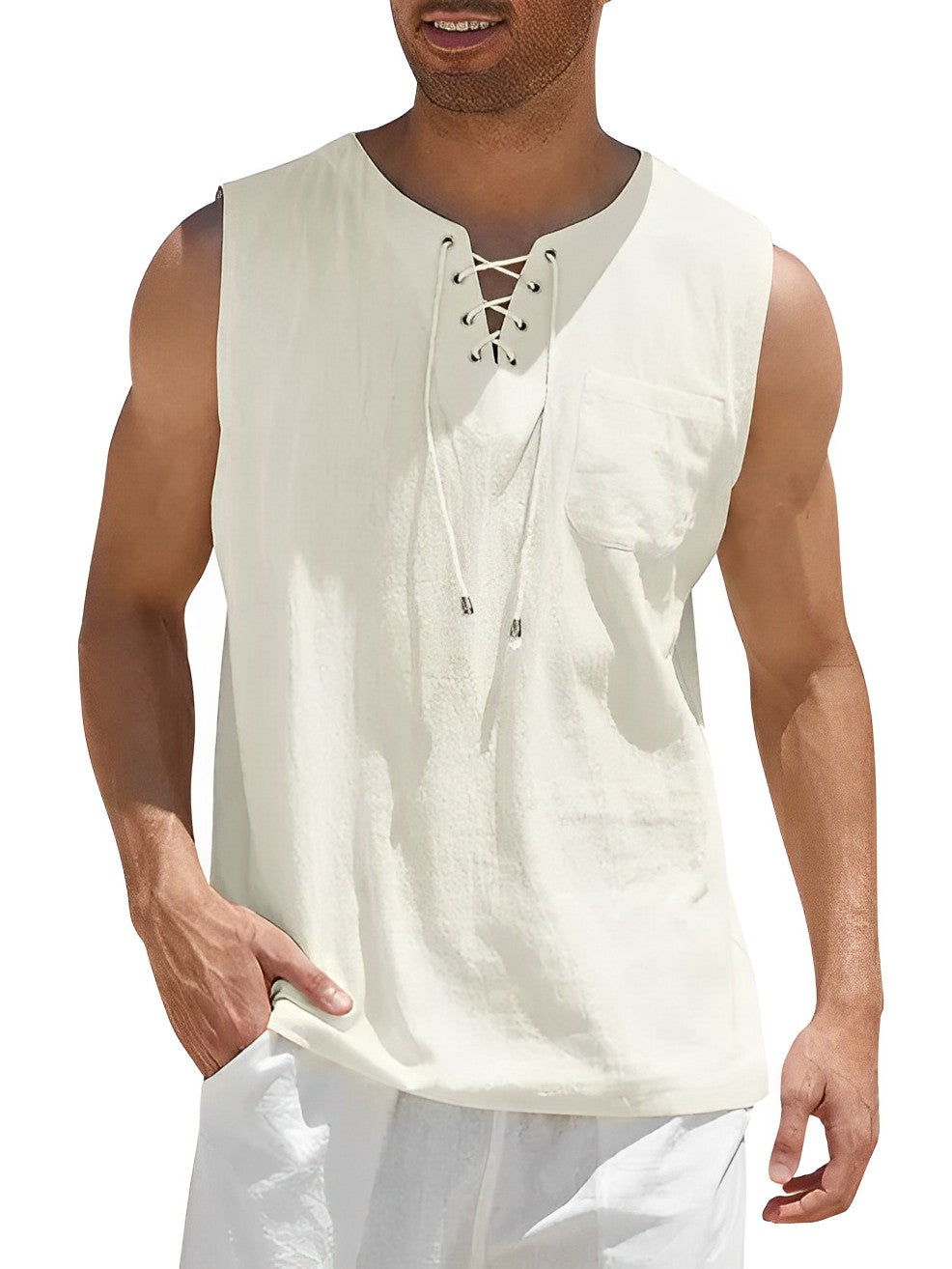 Homme Tank Top sans Manches avec Col V et Lacets