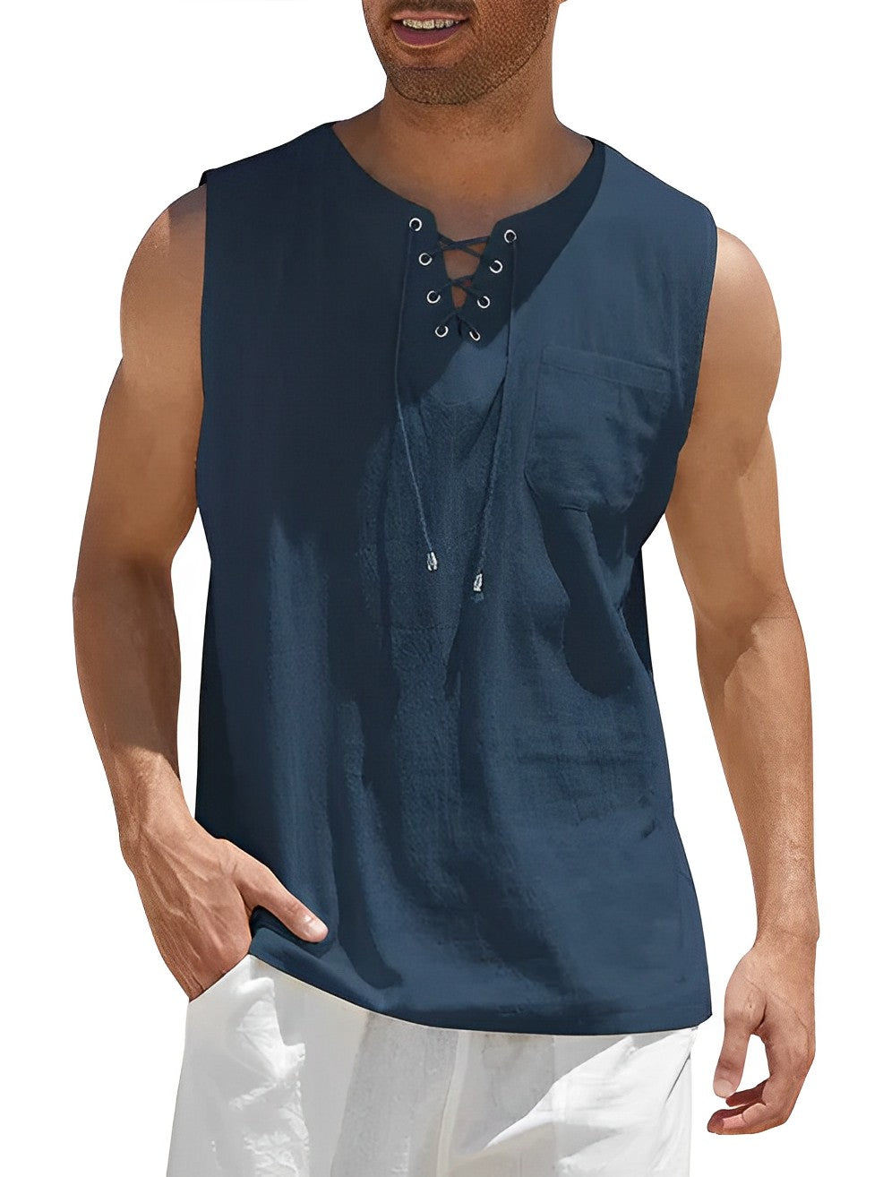 Homme Tank Top sans Manches avec Col V et Lacets
