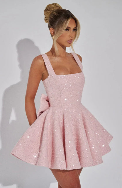 Mini Robe Pailletée à Jupe Évasée avec Grand Nœud dans le Dos