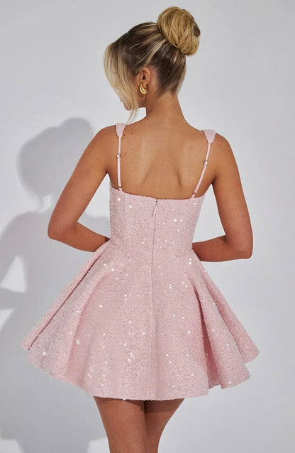 Mini Robe Pailletée à Jupe Évasée avec Grand Nœud dans le Dos