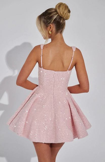 Mini Robe Pailletée à Jupe Évasée avec Grand Nœud dans le Dos