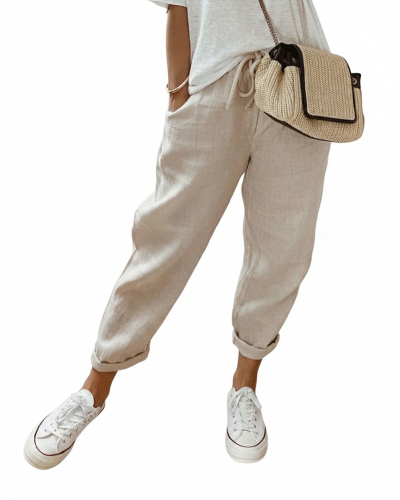 Pantalon Décontracté à Cordon et Ourlets Retroussés