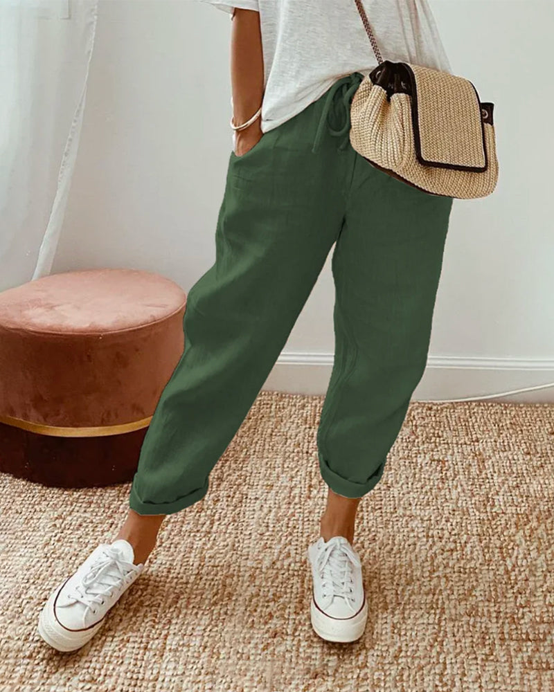 Pantalon Décontracté à Cordon et Ourlets Retroussés
