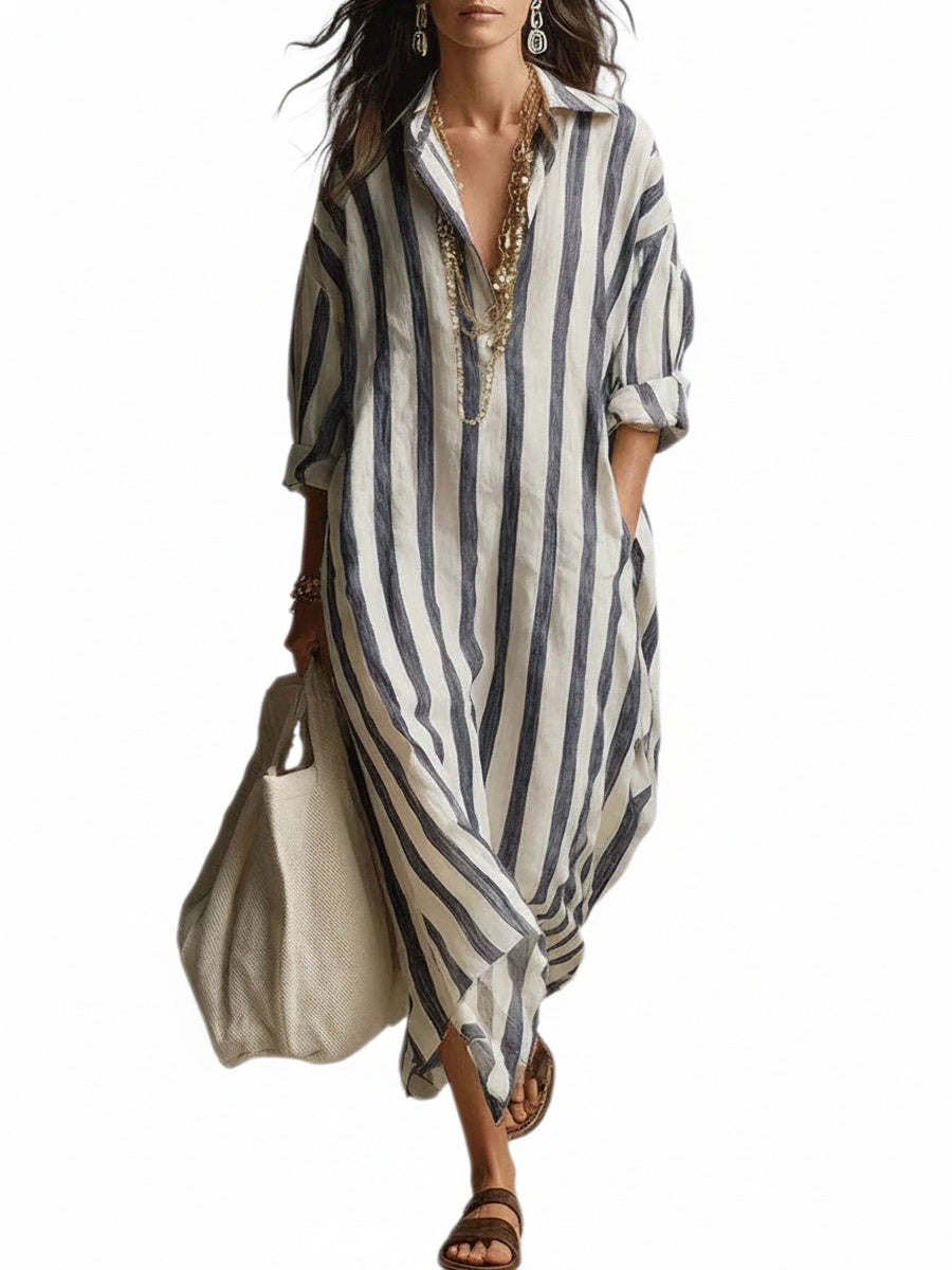 Robe Chemise Longue à Rayures avec Col V et Manches Retroussables