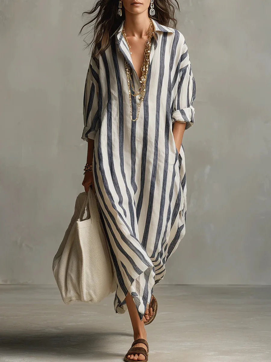 Robe Chemise Longue à Rayures avec Col V et Manches Retroussables