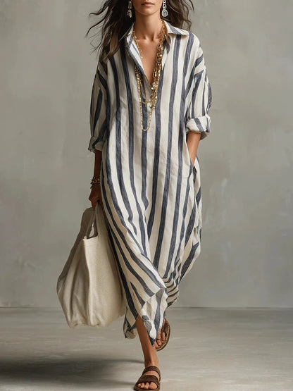 Robe Chemise Longue à Rayures avec Col V et Manches Retroussables