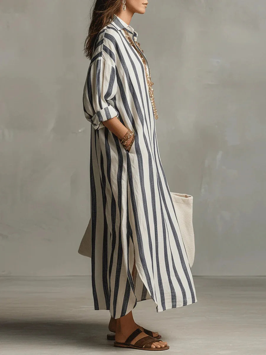 Robe Chemise Longue à Rayures avec Col V et Manches Retroussables