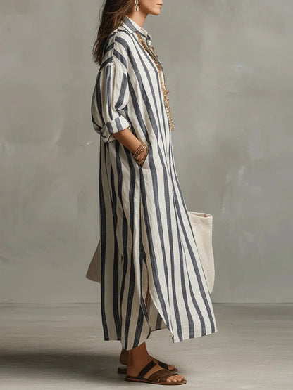 Robe Chemise Longue à Rayures avec Col V et Manches Retroussables