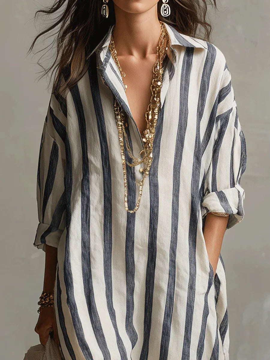 Robe Chemise Longue à Rayures avec Col V et Manches Retroussables