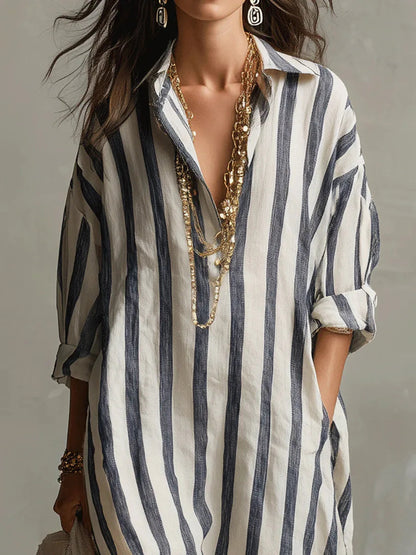 Robe Chemise Longue à Rayures avec Col V et Manches Retroussables