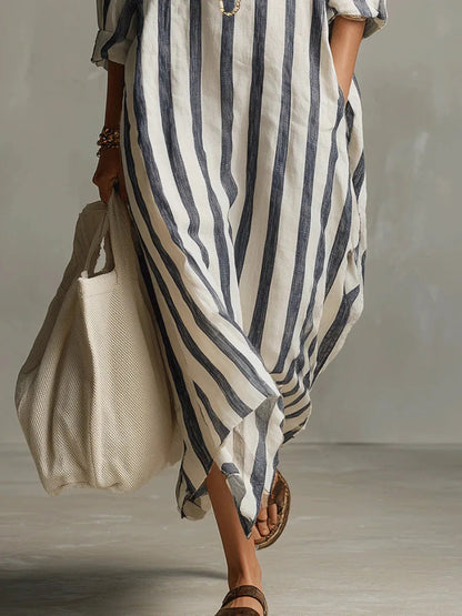 Robe Chemise Longue à Rayures avec Col V et Manches Retroussables