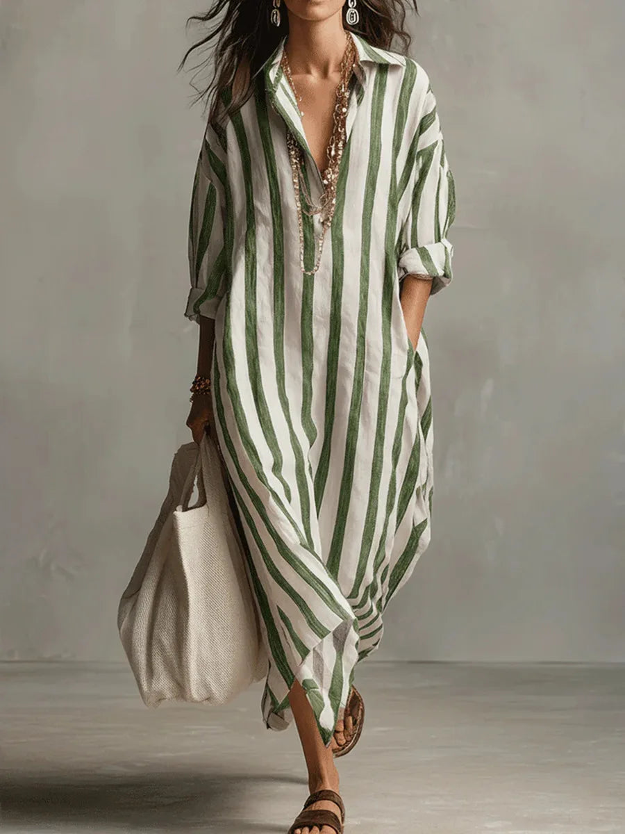 Robe Chemise Longue à Rayures avec Col V et Manches Retroussables
