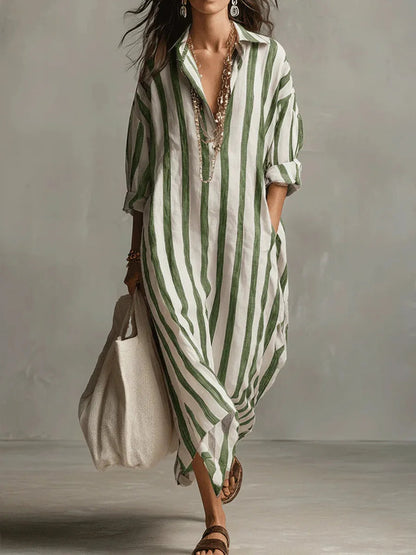 Robe Chemise Longue à Rayures avec Col V et Manches Retroussables