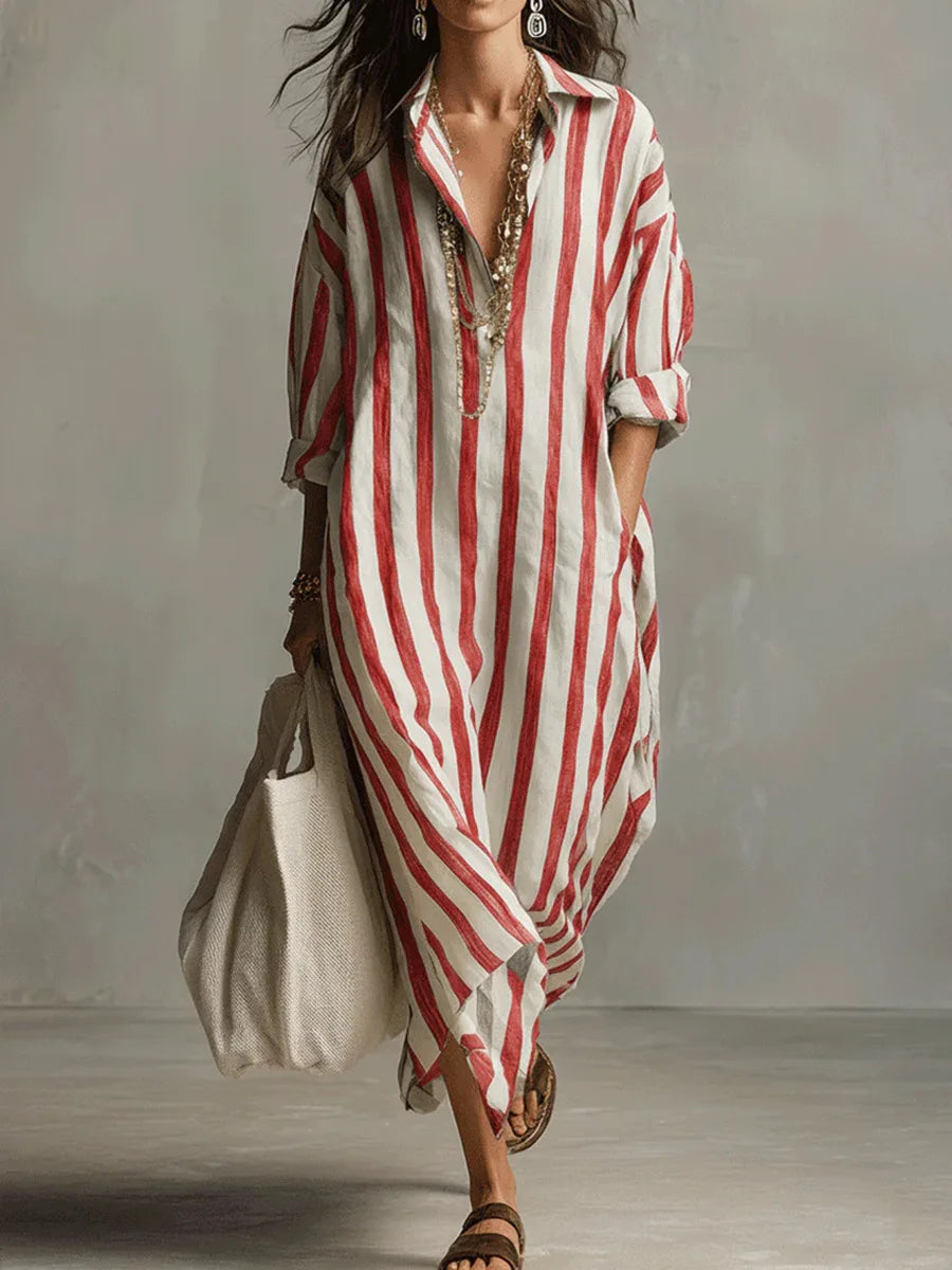 Robe Chemise Longue à Rayures avec Col V et Manches Retroussables