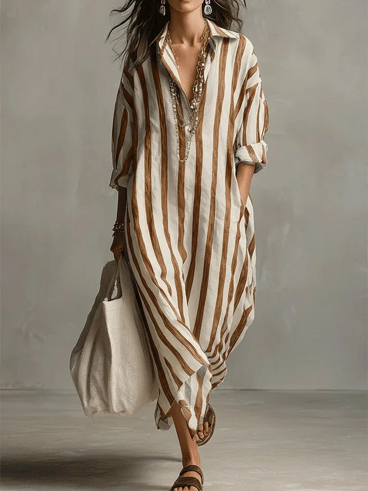 Robe Chemise Longue à Rayures avec Col V et Manches Retroussables