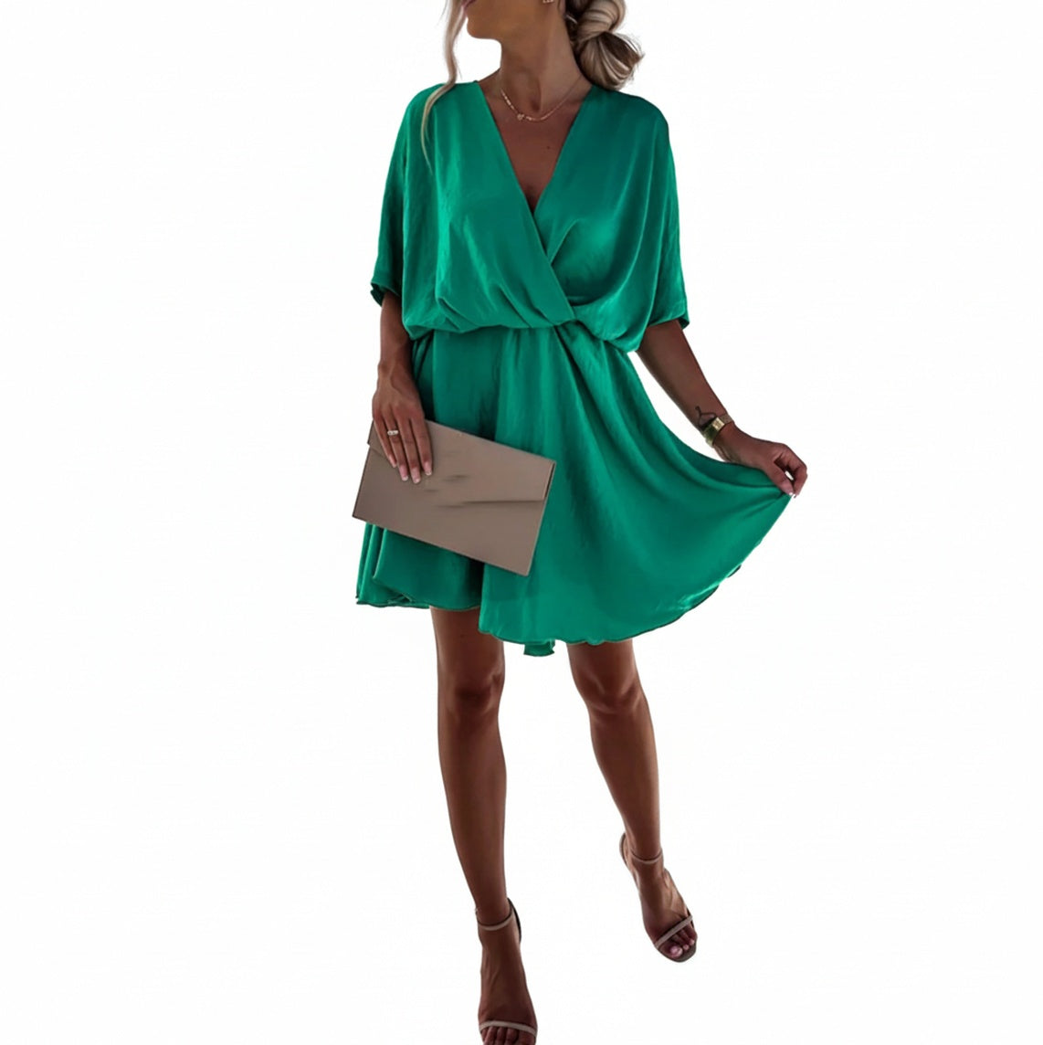 Robe Courte Croisée avec Col en V et Taille Élastiquée