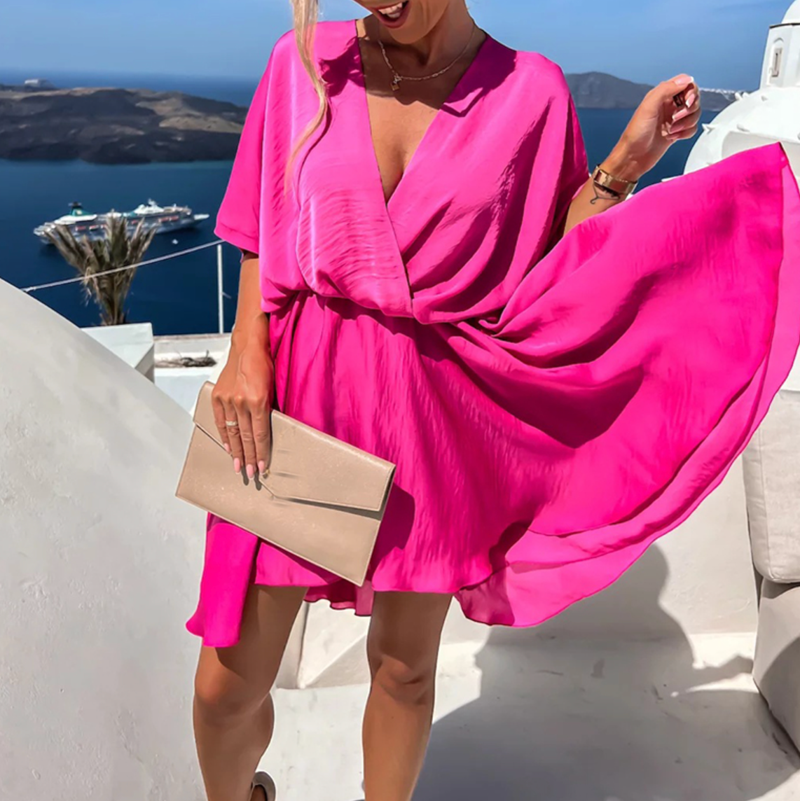 Robe Courte Croisée avec Col en V et Taille Élastiquée
