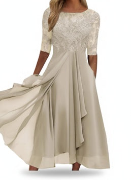 Robe de Cérémonie en Dentelle avec Manches Mi-Longues et Jupe Fluide