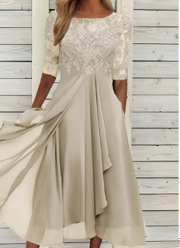 Robe de Cérémonie en Dentelle avec Manches Mi-Longues et Jupe Fluide