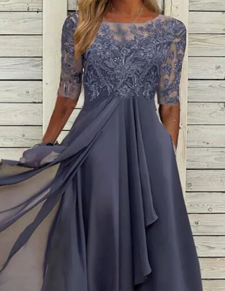 Robe de Cérémonie en Dentelle avec Manches Mi-Longues et Jupe Fluide