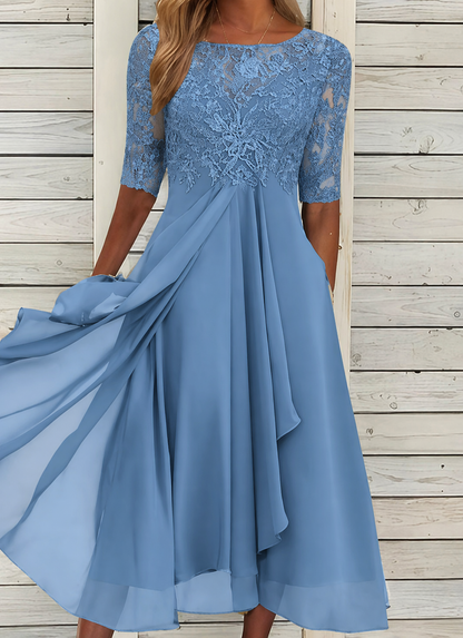 Robe de Cérémonie en Dentelle avec Manches Mi-Longues et Jupe Fluide