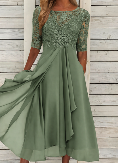 Robe de Cérémonie en Dentelle avec Manches Mi-Longues et Jupe Fluide