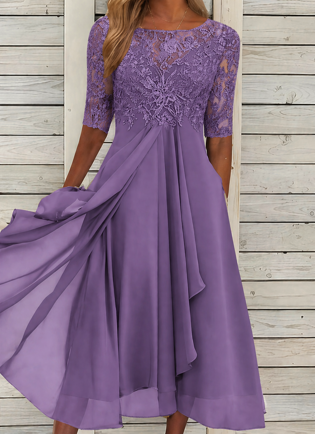 Robe de Cérémonie en Dentelle avec Manches Mi-Longues et Jupe Fluide