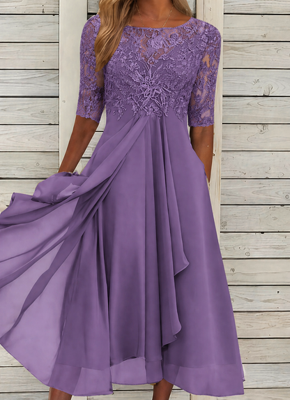 Robe de Cérémonie en Dentelle avec Manches Mi-Longues et Jupe Fluide