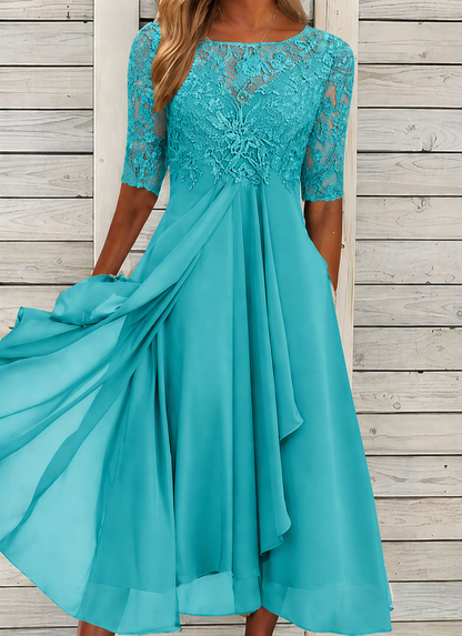 Robe de Cérémonie en Dentelle avec Manches Mi-Longues et Jupe Fluide