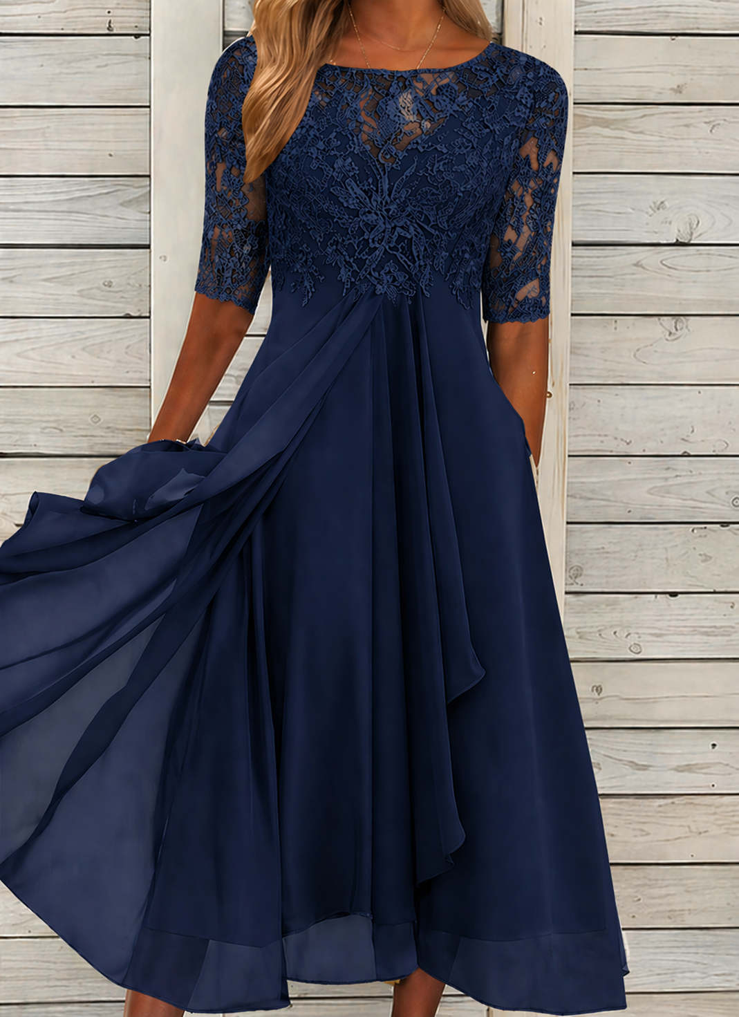 Robe de Cérémonie en Dentelle avec Manches Mi-Longues et Jupe Fluide