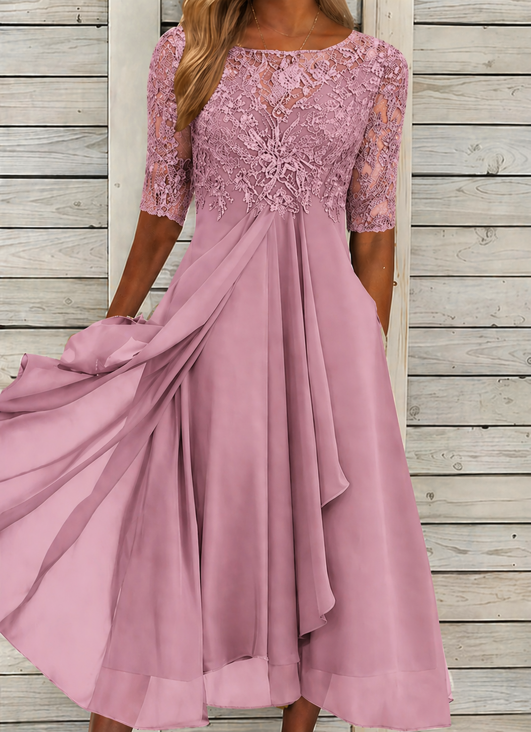 Robe de Cérémonie en Dentelle avec Manches Mi-Longues et Jupe Fluide