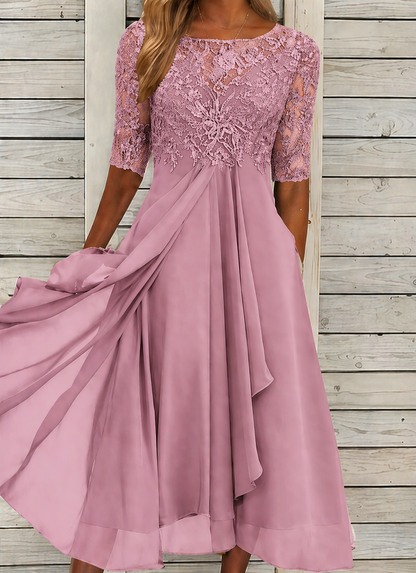 Robe de Cérémonie en Dentelle avec Manches Mi-Longues et Jupe Fluide