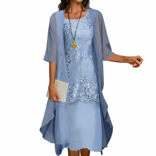 Robe Deux Pièces à Dentelle Florale avec Voile Fluide