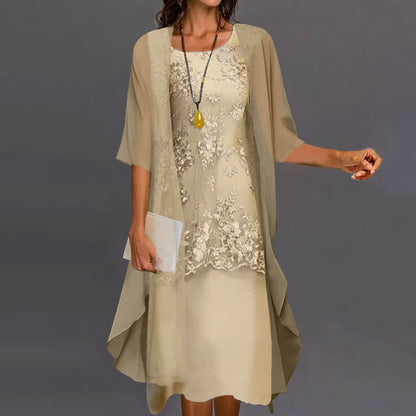 Robe Deux Pièces à Dentelle Florale avec Voile Fluide