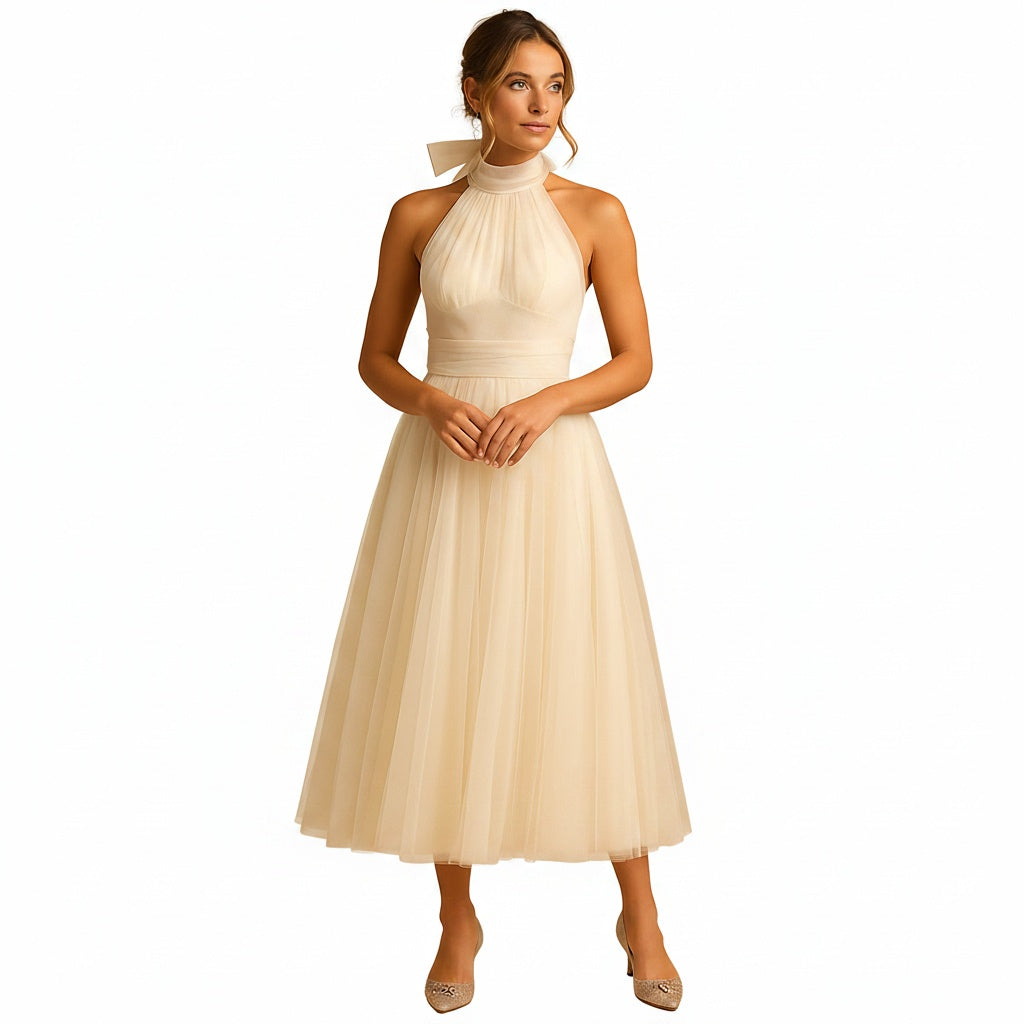 Robe Femme sans Manches col Halter avec Nœud et Jupe A-line Midi