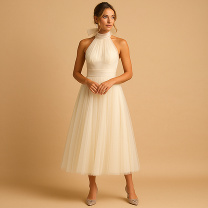 Robe Femme sans Manches col Halter avec Nœud et Jupe A-line Midi