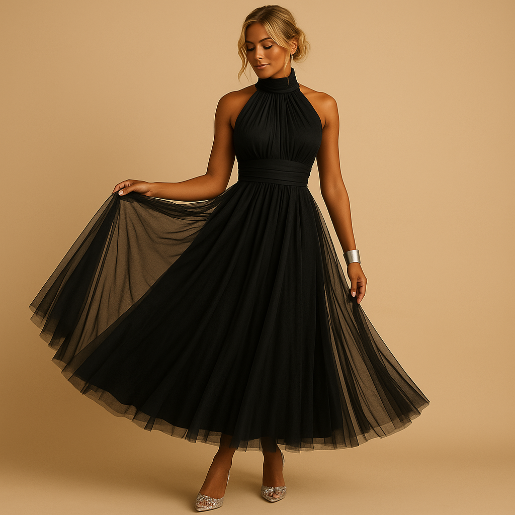 Robe Femme sans Manches col Halter avec Nœud et Jupe A-line Midi