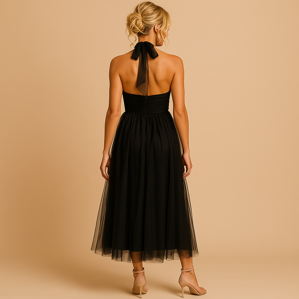 Robe Femme sans Manches col Halter avec Nœud et Jupe A-line Midi
