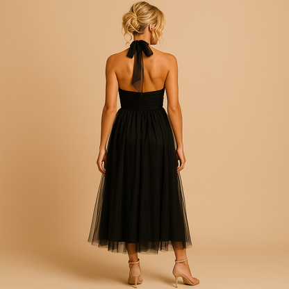 Robe Femme sans Manches col Halter avec Nœud et Jupe A-line Midi