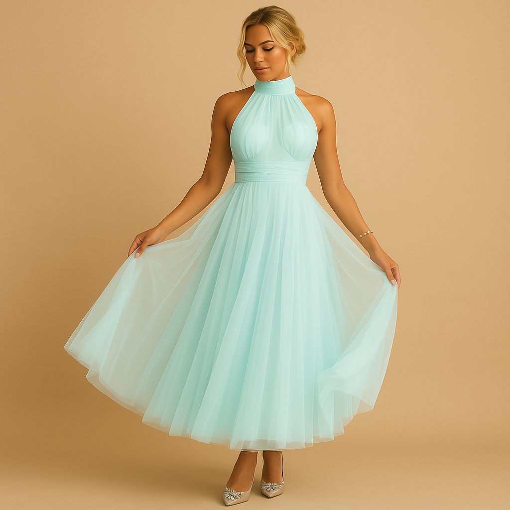 Robe Femme sans Manches col Halter avec Nœud et Jupe A-line Midi