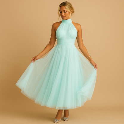 Robe Femme sans Manches col Halter avec Nœud et Jupe A-line Midi