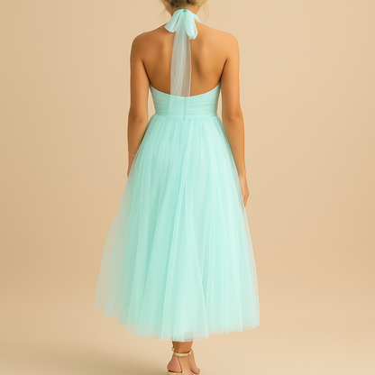 Robe Femme sans Manches col Halter avec Nœud et Jupe A-line Midi