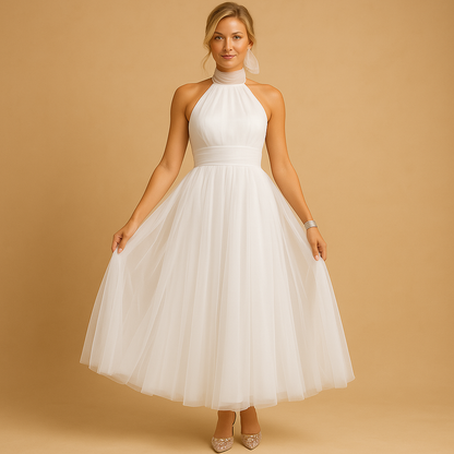 Robe Femme sans Manches col Halter avec Nœud et Jupe A-line Midi