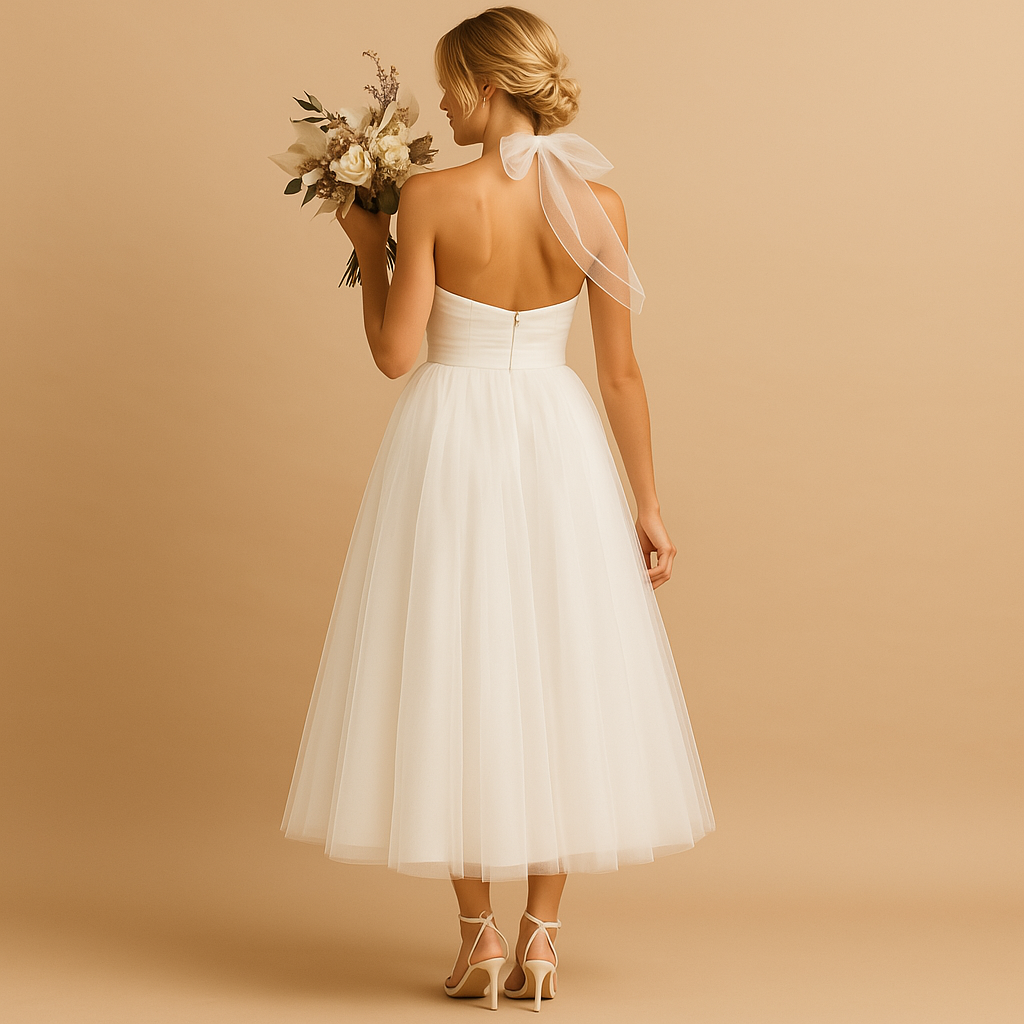 Robe Femme sans Manches col Halter avec Nœud et Jupe A-line Midi
