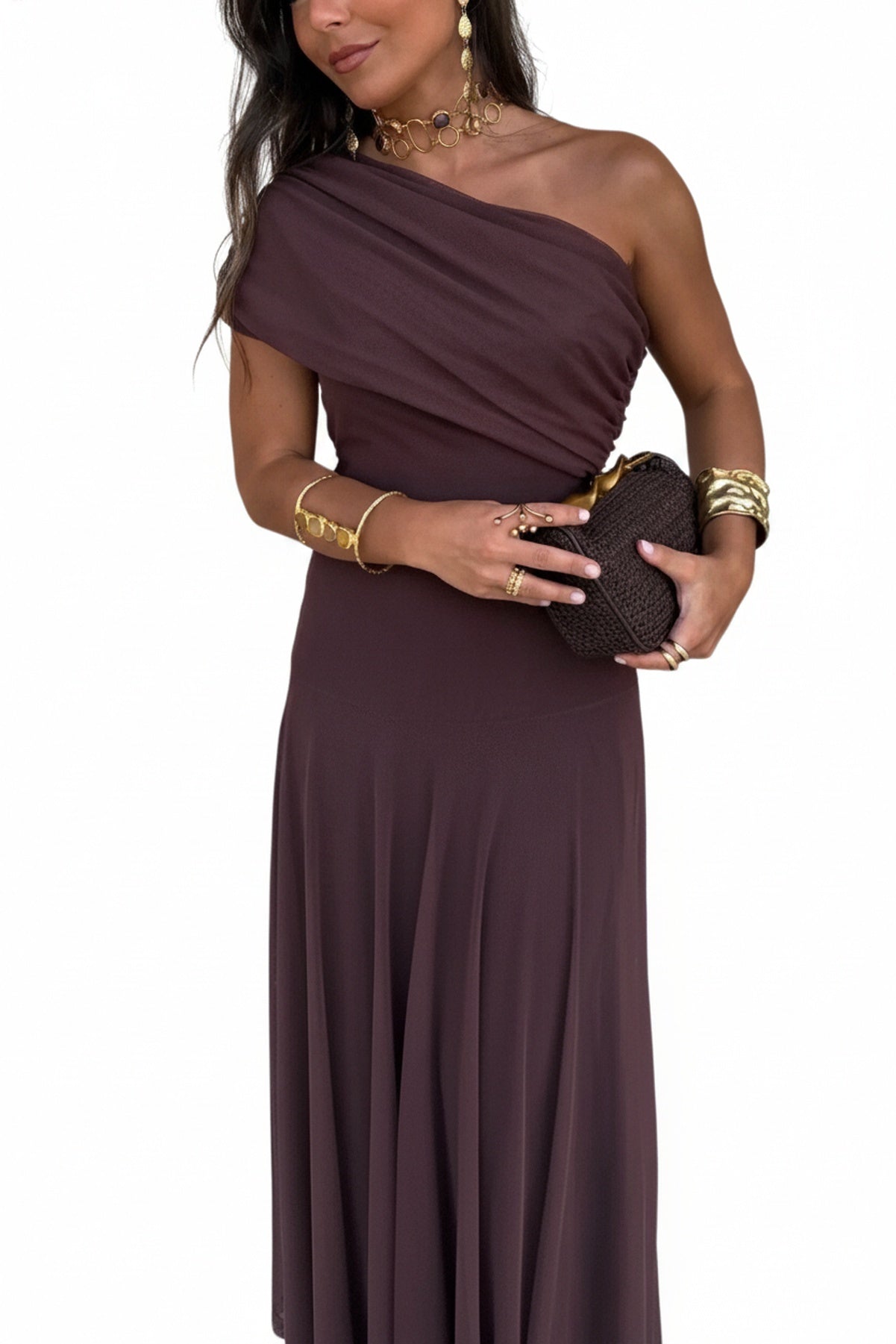 Robe Longue Drapée à Épaule Asymétrique et Jupe Fluide