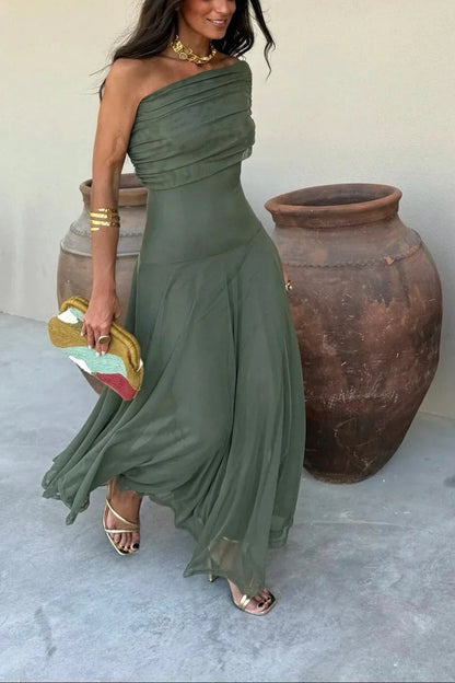 Robe Longue Drapée à Épaule Asymétrique et Jupe Fluide