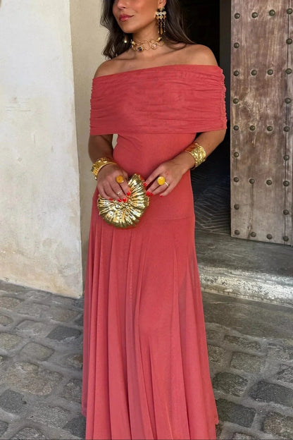 Robe Longue Drapée à Épaule Asymétrique et Jupe Fluide